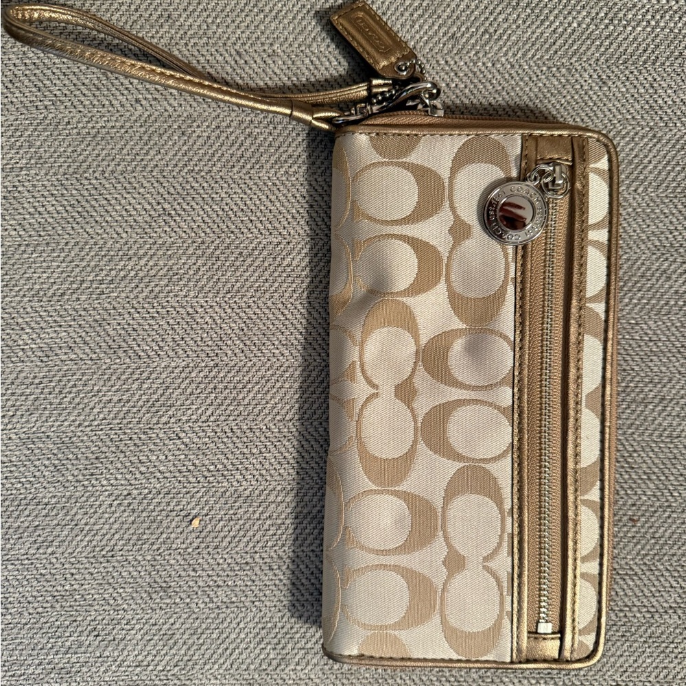 Coach Gold and Tan Signature Wallet/Wristlet